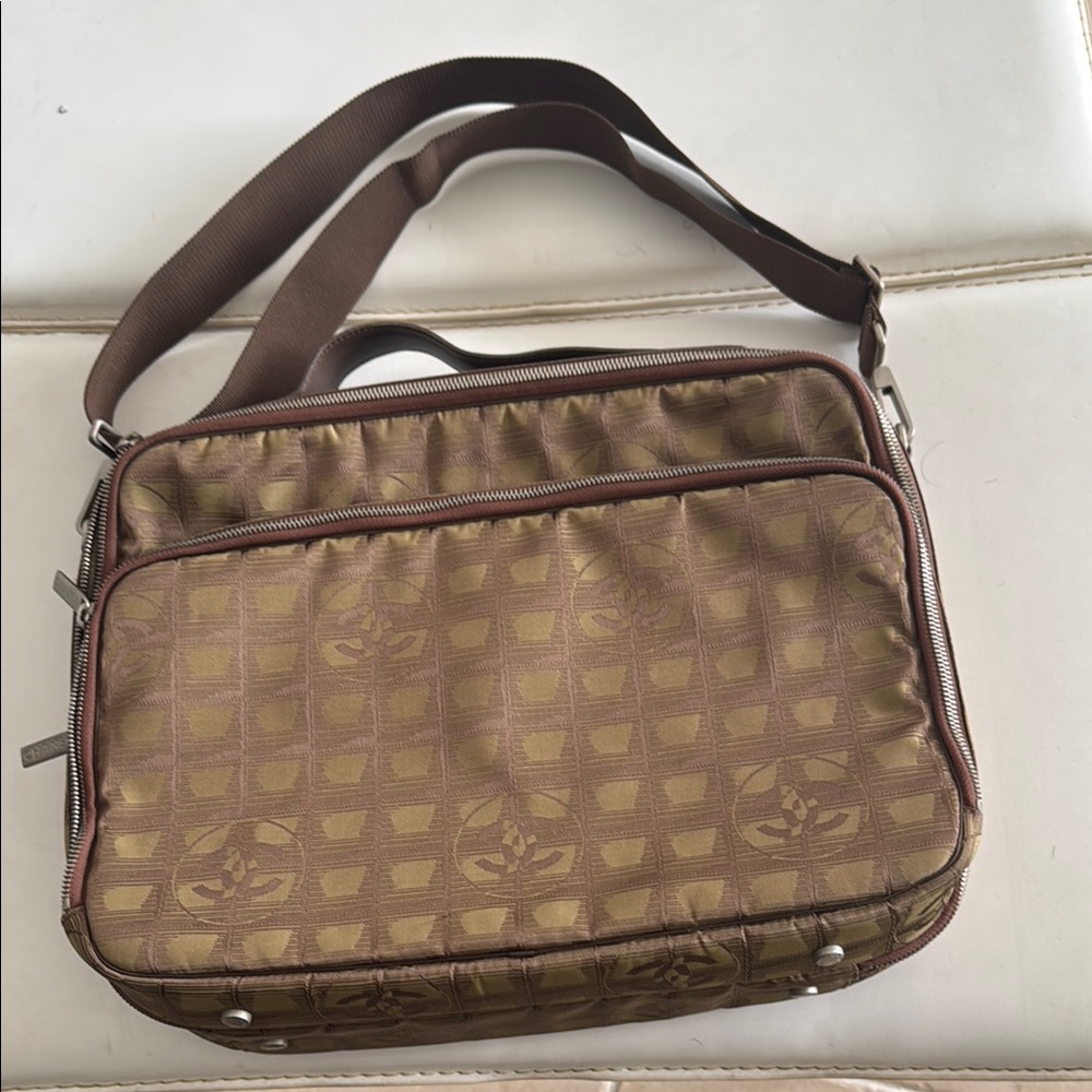 CHANEL Brown and Tan Laptop Case with Textured Pattern